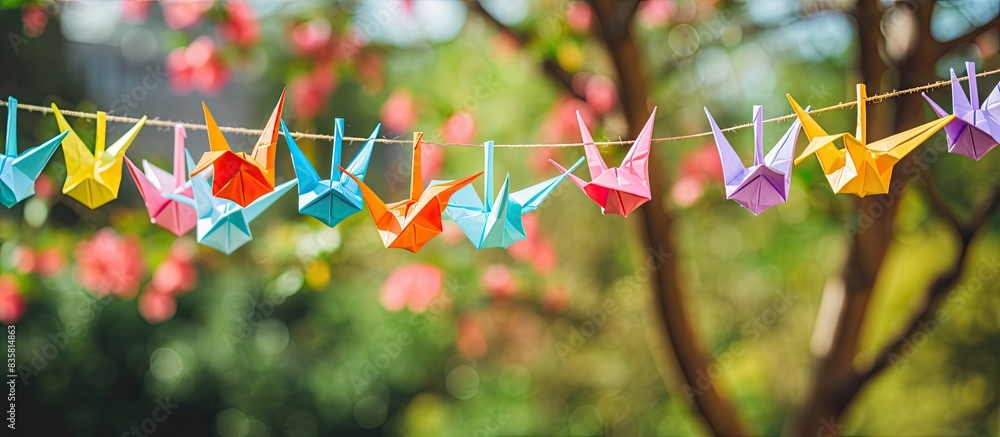 Poster paper cranes perched on a branch with copy space image.