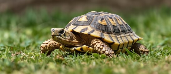 Obraz premium A pet Sulcata tortoise rests on lush green grass, embodying the concept of caring for animals, with copy space for an image.
