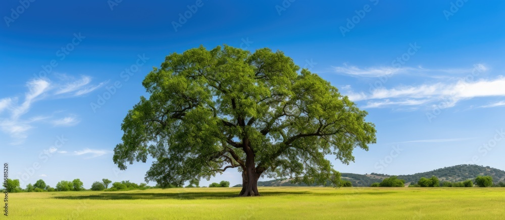 Poster lush spring meadow featuring a large tree surrounded by vibrant greenery, offering ample copy space 