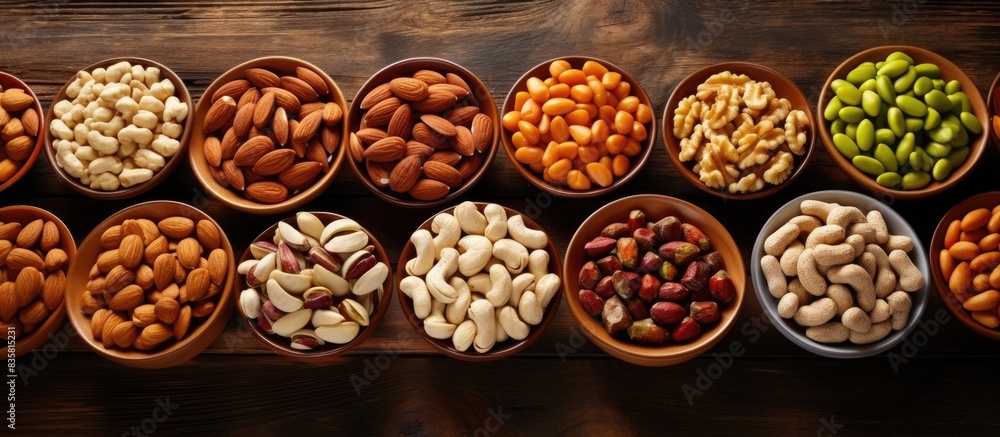 Poster top view of various nuts on a vintage black backdrop with room for text in a copy space image.