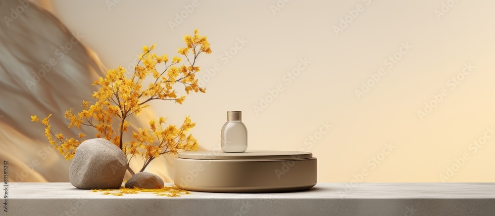 Aufkleber empty podium showcasing cosmetics against an autumn backdrop with natural stone and foliage, creatin