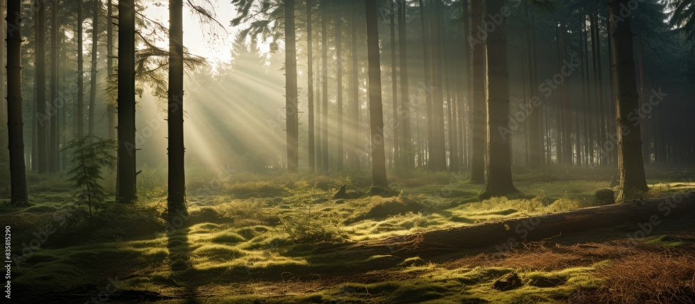 Poster Sunlight filtering through fog in a natural spruce tree forest, creating a mystical ambiance, ideal for a copy space image.