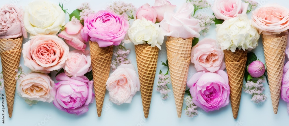 Poster minimal summer theme featuring an ice cream cone adorned with pink flowers and leaves on a vibrant p