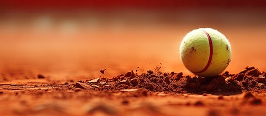 A tennis point captured with a close-up view of a ball striking the line, creating a dynamic image with copy space.