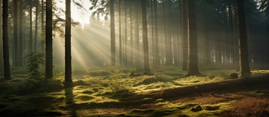 Sunlight filtering through fog in a natural spruce tree forest, creating a mystical ambiance, ideal for a copy space image.