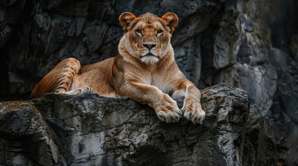 Lioness resting on a rocky cliff