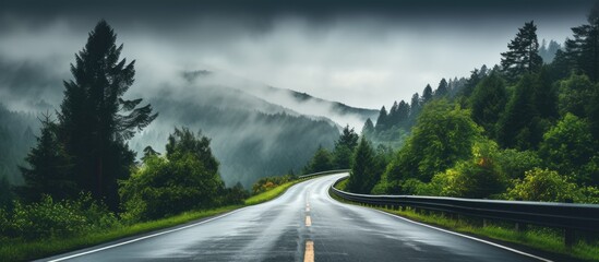 Beautiful mountain road with green trees surrounded by fog in an overcast sky, offering a tranquil copy space image through the forest in summer for travel enthusiasts.