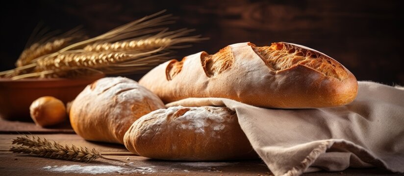 Craft bakery selling homemade pastries and fresh bread like French baguette with copy space image.