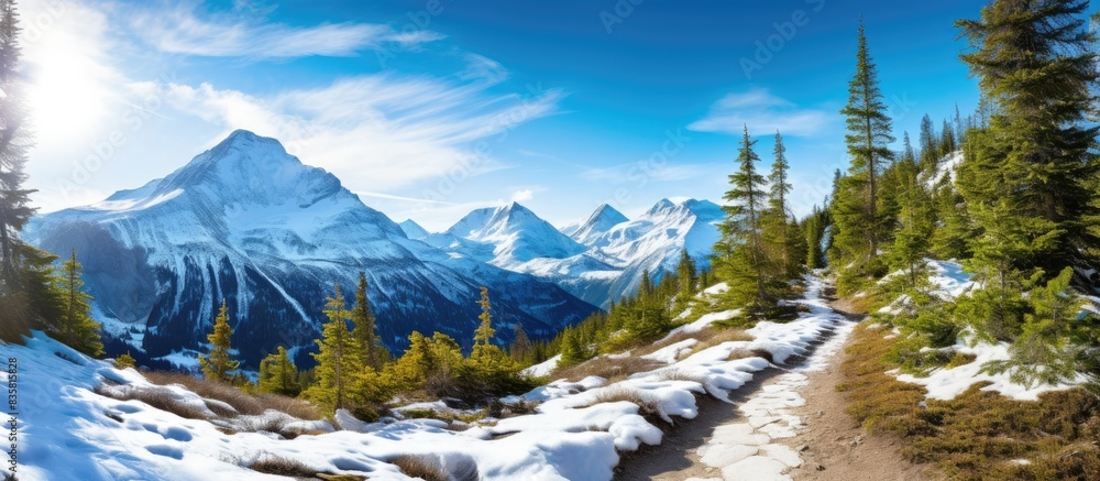 Poster scenic mountain range with a misty morning fog creating a picturesque background ideal for a copy sp