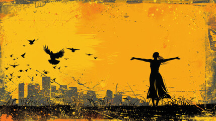 A powerful image of a confident woman amidst a flock of pigeons symbolizing freedom and selfassurance, in high resolution.