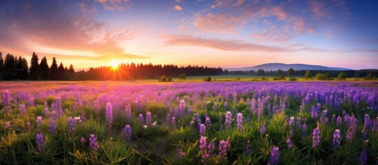 Captivating countryside scene at sunrise with blooming purple flowers in a spring meadow and wildflowers at sunset, creating a serene summer panoramic view with copy space image.