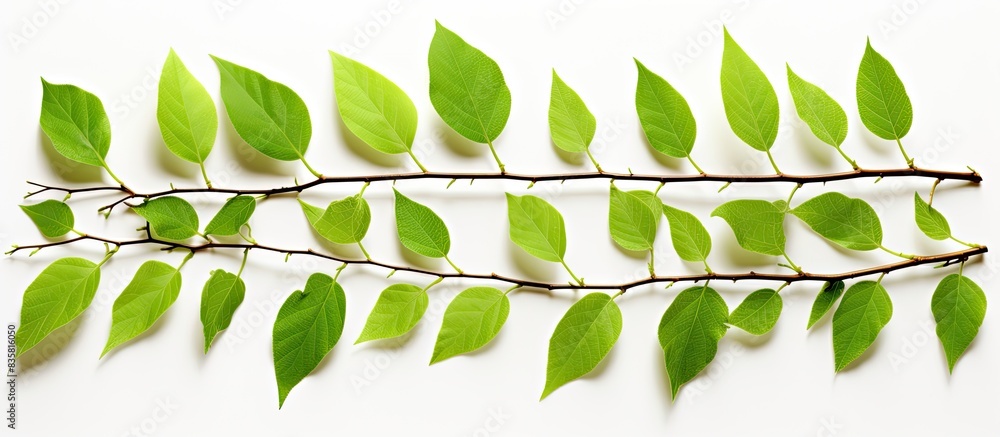 Poster elegant tree branches adorned with lush green leaves against a white backdrop canvas, ideal for addi