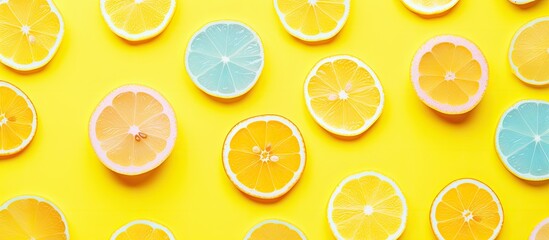 Contemporary art collage featuring a woman with a lemon slice head, seated on a lemon against a green backdrop. Depicts creativity, food, and design with room for ad. Copy space image