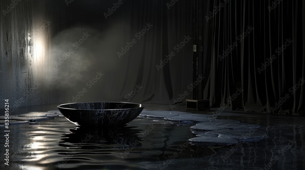 Aufkleber reflective light on water in empty dark setting with product display spotlight a neat studio for pho