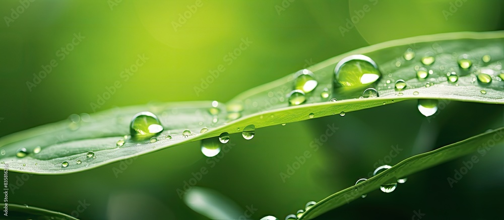 Poster macro image of rainwater drops on a lush green leaf with dew glistening in the sunlight, showcasing 