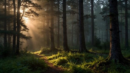 Fototapeta premium A serene forest scene as dawn breaks ai_generated