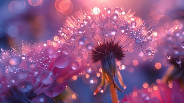 Dandelion Seed in a Dewdrop, Soft Focus Macro, AI-Generated 4K Wallpaper. This captivating macro image showcases a single dandelion seed glistening with a dewdrop, captured in soft focus against a bea