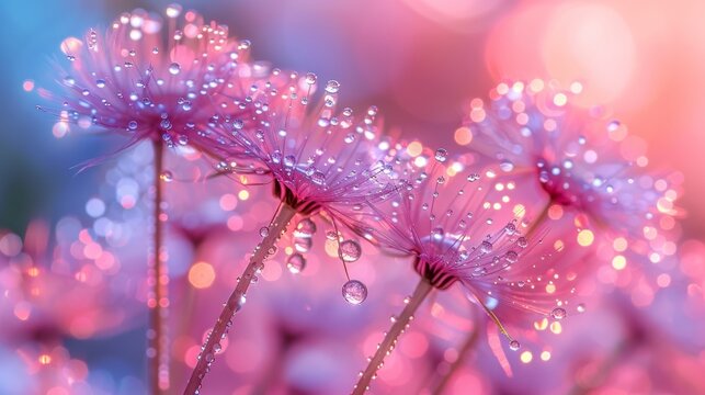 Dandelion Seed in a Dewdrop, Soft Focus Macro, AI-Generated 4K Wallpaper. This captivating macro image showcases a single dandelion seed glistening with a dewdrop, captured in soft focus against a bea