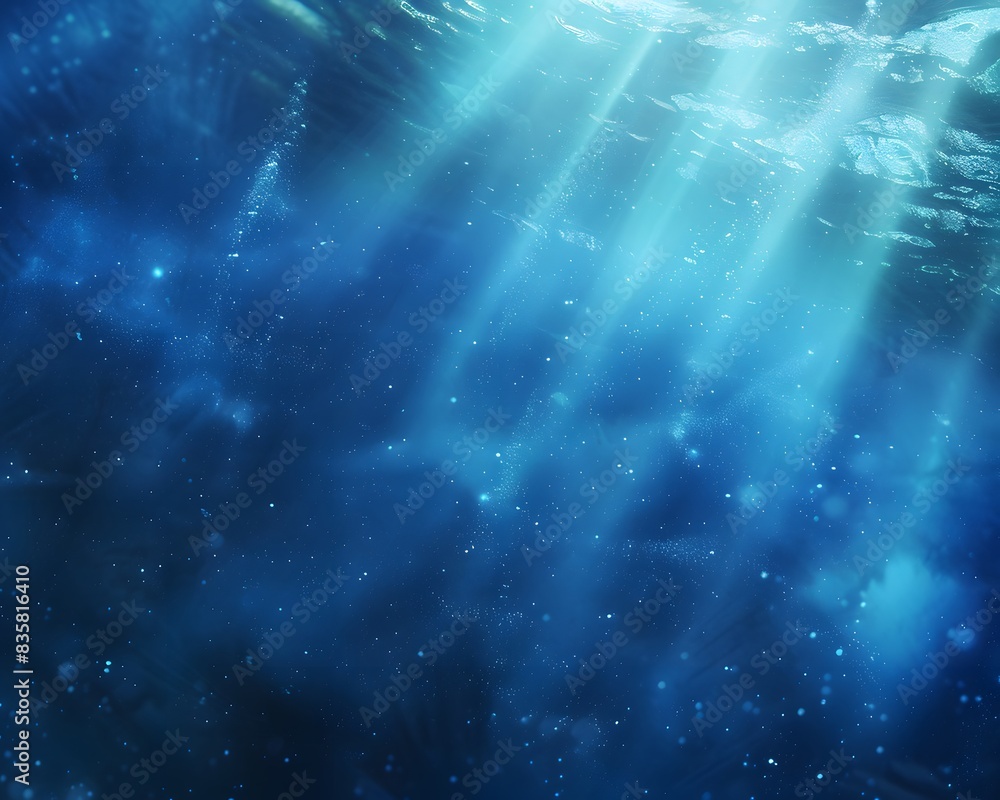 Poster underwater scene with sunlight filtering through the water, creating an ethereal and tranquil atmosp
