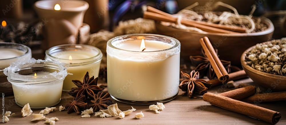 Poster creative hobby concept featuring a diy candle crafting setup with eco soy wax placed on a white tabl