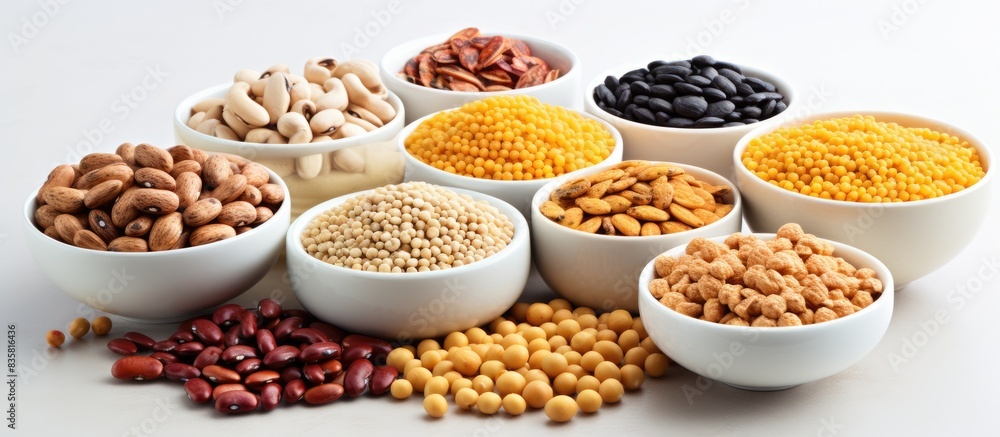 Canvas Prints White bowl containing a variety of legumes like chickpeas and beans, accompanied by spices, laid out on a light green surface for a flat lay photograph with copy space image.