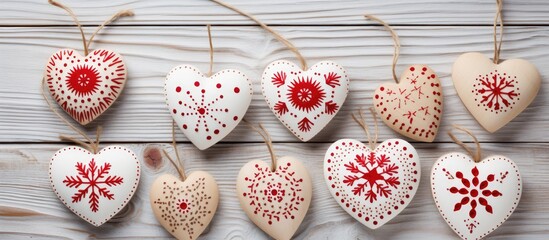 Child displaying a red Christmas ball ornament with a blue background filled with scissors, thread, and felt scraps, portraying a sewing concept with copy space image.