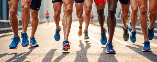 A group of marathon runners legs and feet captured in mid-stride during a race on a sunny street.