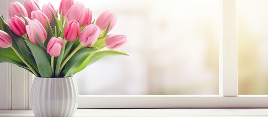 Red tulips showcased on an antique white windowsill, creating a charming display with a rustic feel and ample copy space image.