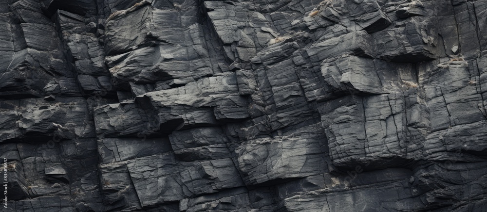 Poster a weathered cliff with large cracks and layers, displaying a coarse, gray stone texture resembling m