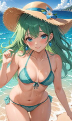 An animated young woman in a swimsuit smiles on a bright beach with clear skies.Anime style