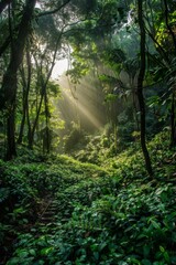 Naklejka premium Sunlight Through Dense Tropical Forest Canopy