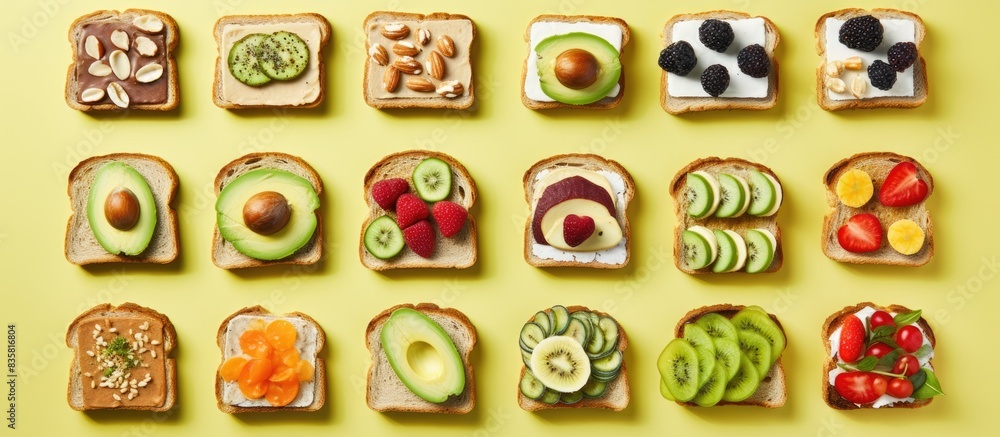 Aufkleber top view of a variety of toppings on toast bread placed on a white background with room for text or 