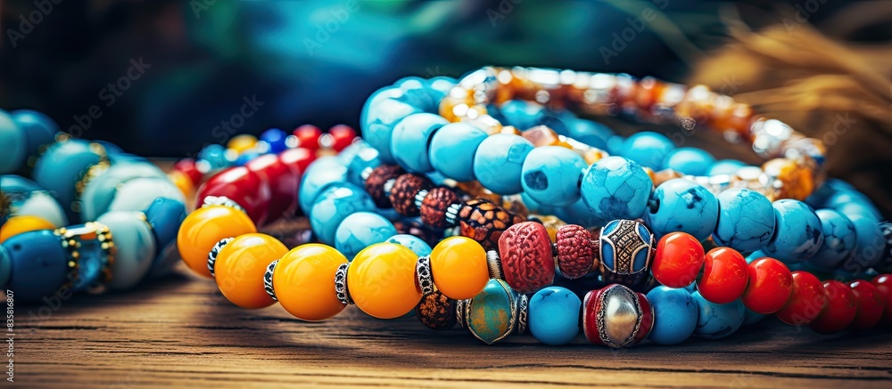 Poster crafting a design concept with handcrafted beads on a table, creating a hobby-focused copy space ima