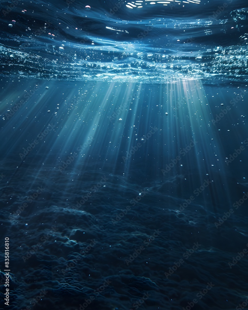 Poster underwater scene with sunlight filtering through the water, creating an ethereal and tranquil atmosp