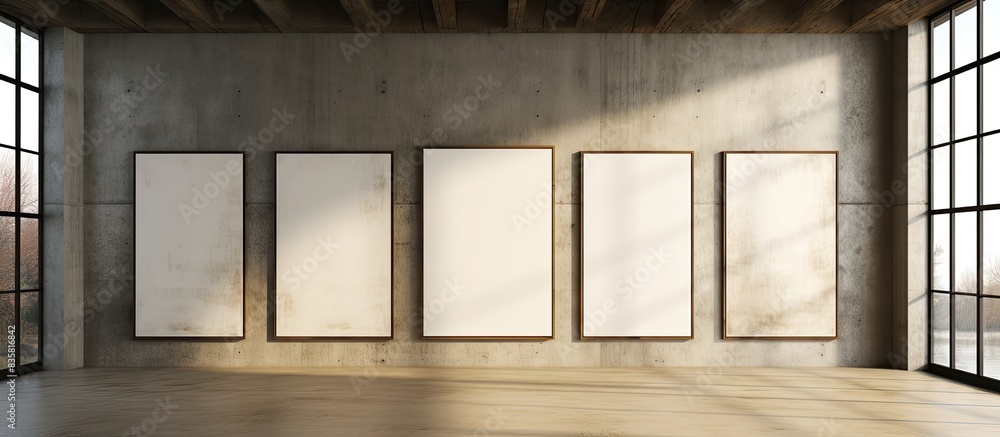 Poster artwork displayed in frames on exhibition in an art gallery with copy space image.