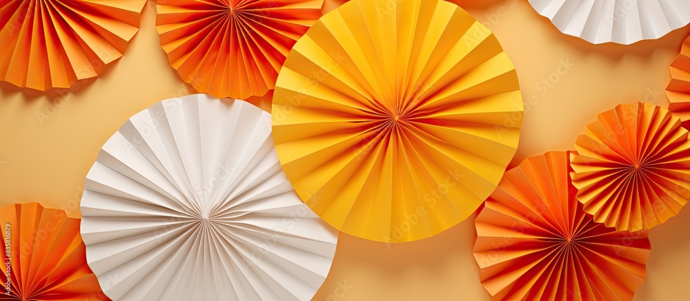Wall mural an orange paper fan stands alone on a white backdrop, leaving a blank space for adding images. copy 
