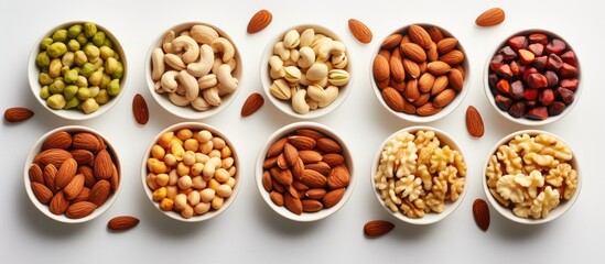 A white ceramic bowl filled with a variety of mixed nuts, with a blank background for text or additional images, providing ample copy space image.