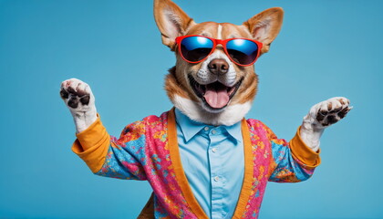 A ginger dog stands on hind legs mid-dance, wearing a Hawaiian shirt and red sunglasses against a blue background.