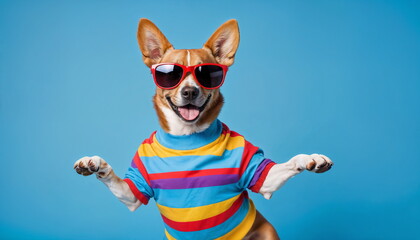 A ginger dog stands on hind legs mid-dance, wearing a Hawaiian shirt and red sunglasses against a blue background.