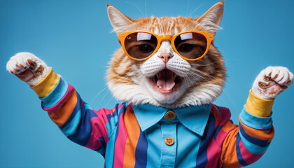 A ginger cat stands on hind legs mid-dance, wearing a Hawaiian shirt and red sunglasses against a blue background.