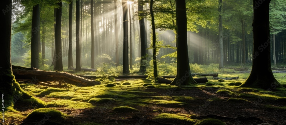 Poster sunlight filtering through a picturesque forest of beech trees, with ferns blanketing the ground, cr