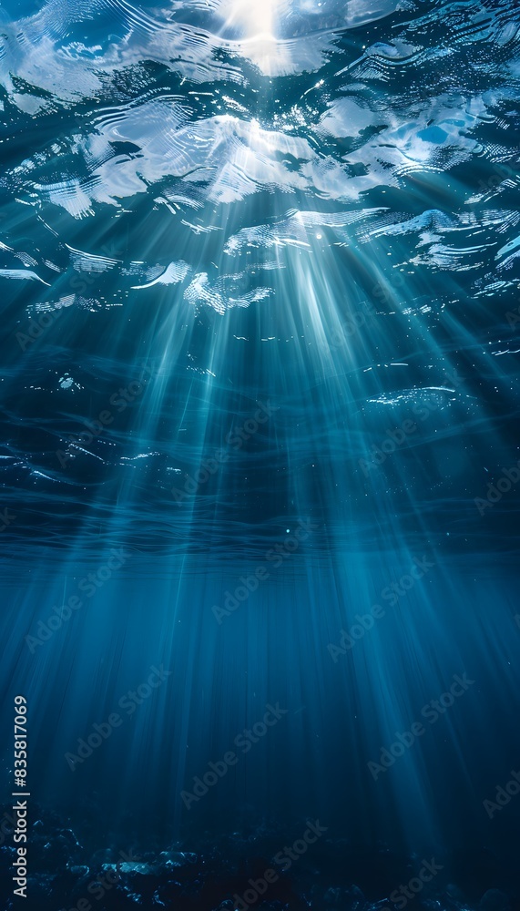 Poster underwater scene with sunlight filtering through the water, creating an ethereal and tranquil atmosp