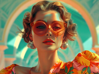 Obraz premium Retro style pastel colors summer background. Fashion woman wearing big sunglasses.