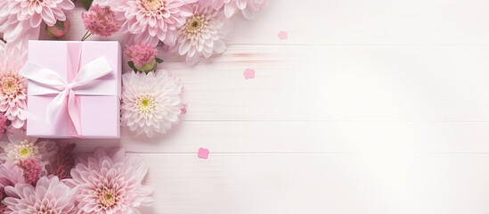 Top view of a white gift bag, spring flowers on pink background with a greeting card, set against a pink floral backdrop with room for text or image. Copy space image