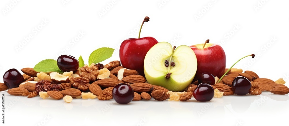 Poster top view of a granola bar with nuts, fruits, and berries displayed on a white stone table with copy 