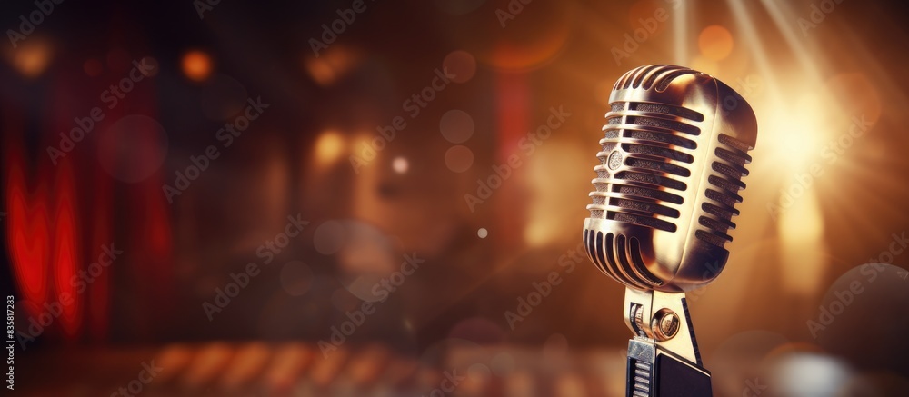 Poster vintage microphone captured in a close-up on a colored background with ample copy space image.