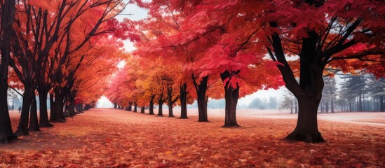 Forest park showing red maple trees in autumn scenery with copy space image.