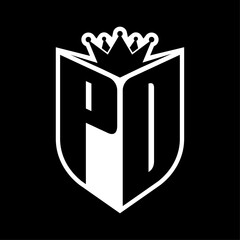 PD Letter bold monogram with shield shape and crown inside shield black and white color design