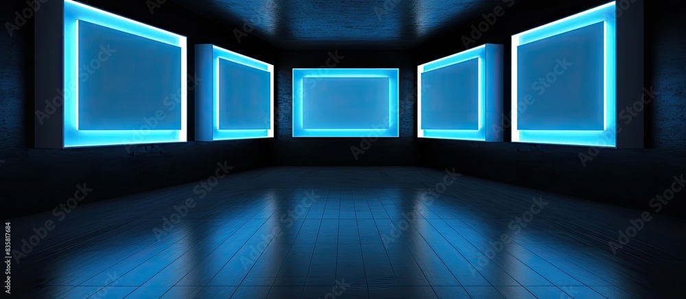 Poster interior of a gallery featuring an empty frame on the wall for a copy space image.