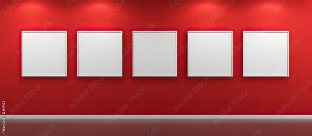 Poster empty frames decorate a vibrant red wall in the gallery interior, creating a visually striking copy 